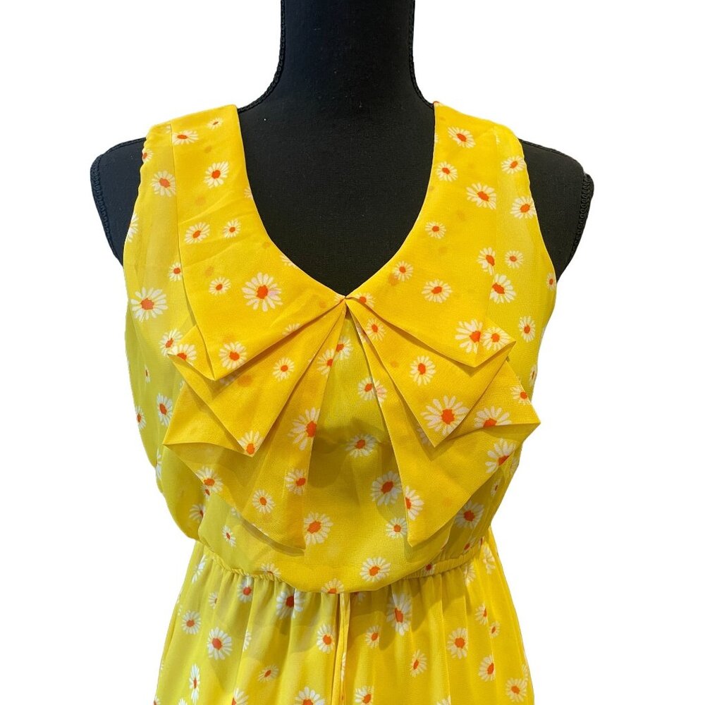 V-neck daisy print layered ruffle dress Small sleeveless garden yellow Y2K bow